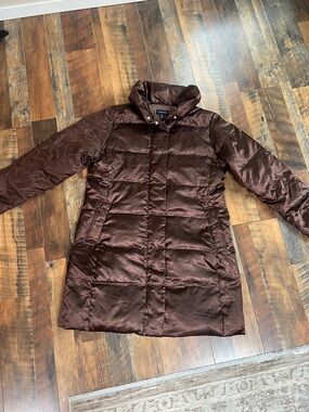 Lands' End metallic brown long puffer coat